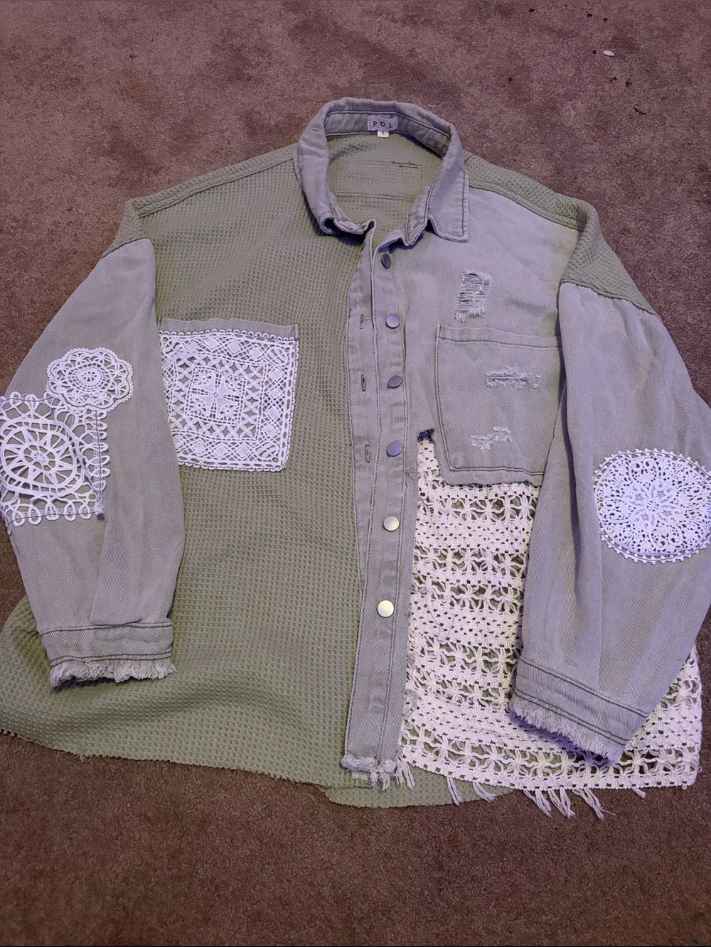 POL Sage Green Knit Patchwork Jacket with Cream Trim